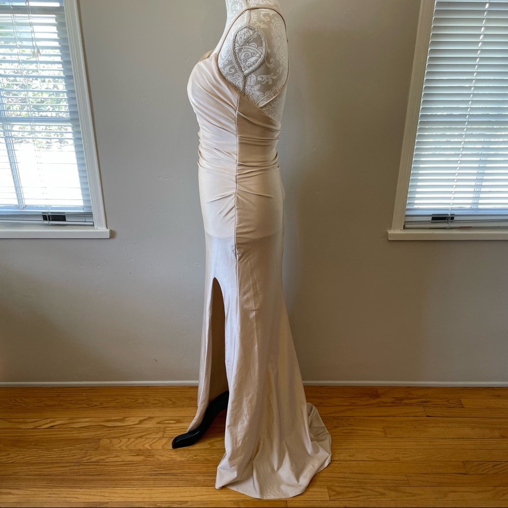 La Femme Cross Back Satin Jersey Trumpet Strappy Back Maxi Dress 4 Nude Beige - Picture 9 of 12